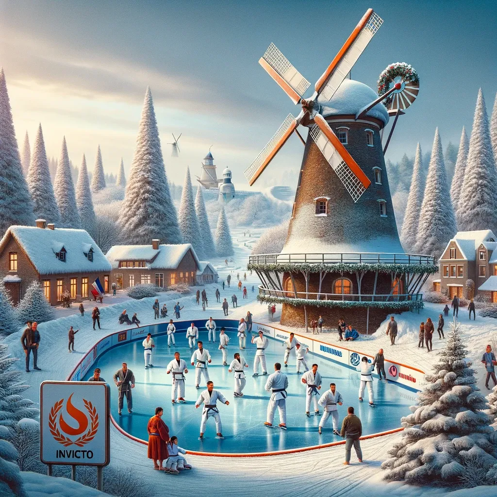 AI-gegenereerd winterlandschap met een historische molen uit de 1700s, een schaatsbaan met mensen in judokleding, omringd door sneeuwbedekte bomen en gebouwen, inclusief de logo's van 'De Warmste Week' en 'INVICTO'.