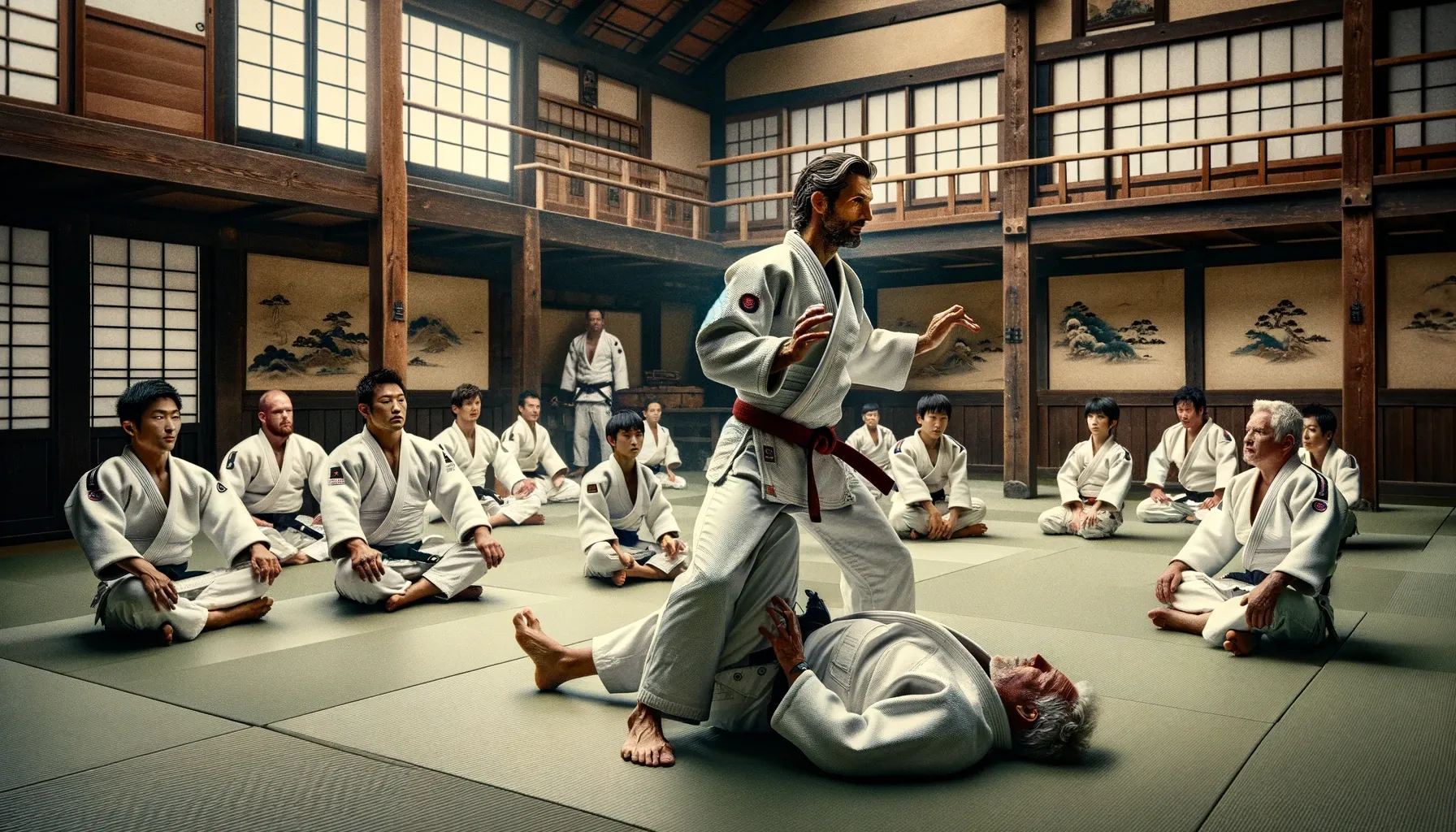AI-gegenereerde afbeelding van een traditionele oude Japanse dojo met judokas in training, waaronder jeugd- en volwassen atleten. De dojo weerspiegelt een authentieke sfeer van historische judopraktijk.