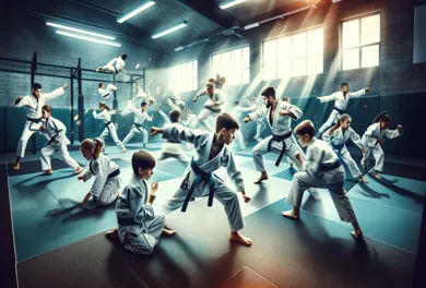 AI-gegenereerde afbeelding van een dynamische vechtsporttrainingssessie bij Invicto Keerbergen, met diverse jonge atleten die Ju-Jitsu en BJJ beoefenen in een moderne, goed uitgeruste dojo, met nadruk op discipline, teamwork en gemeenschapsgroei.