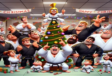 AI-gegenereerde cartoon van vrolijke judokas met zwarte banden, waaronder mannen, vrouwen en kinderen, die een kerstboom versieren in een dojo, met een van hen die een gouden helm draagt, met het opschrift 'Happy Christmas' op de achtergrond.